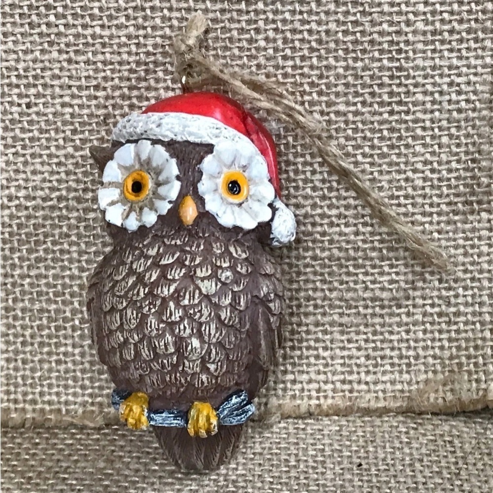 Santa Owl Resin Christmas Ornament Daisy Eyes Whimsical Kitsch Cottage Core